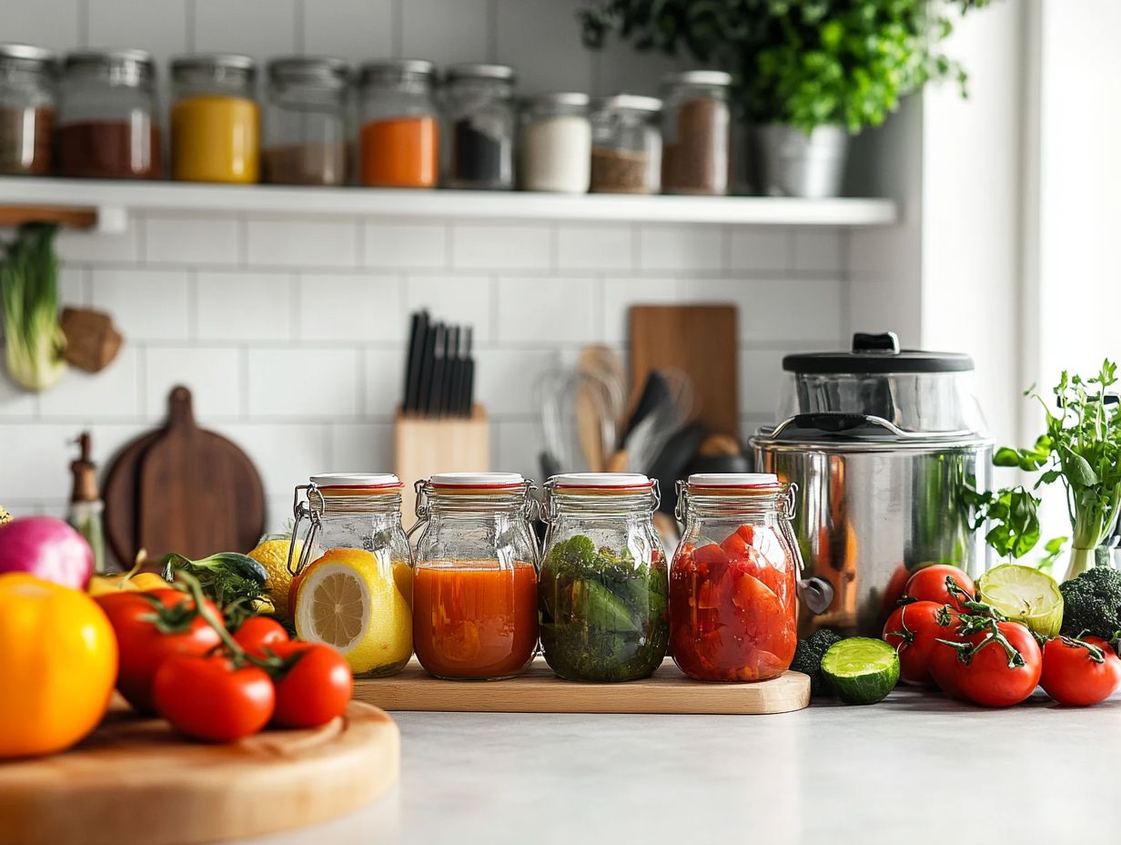 A variety of must-have supplies for successful home canning, including jars and tools.