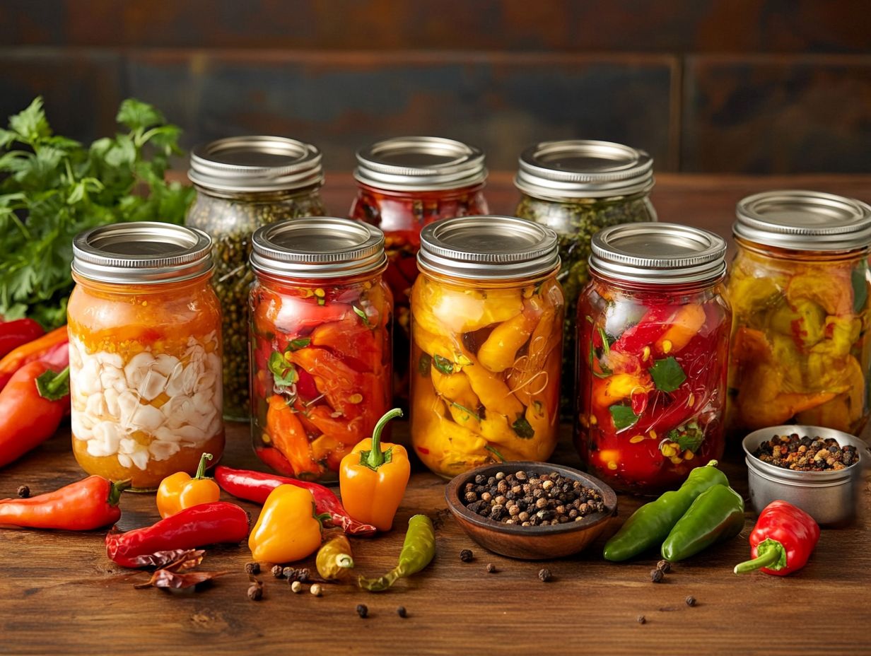 A vibrant display of canned peppers ready for storage.