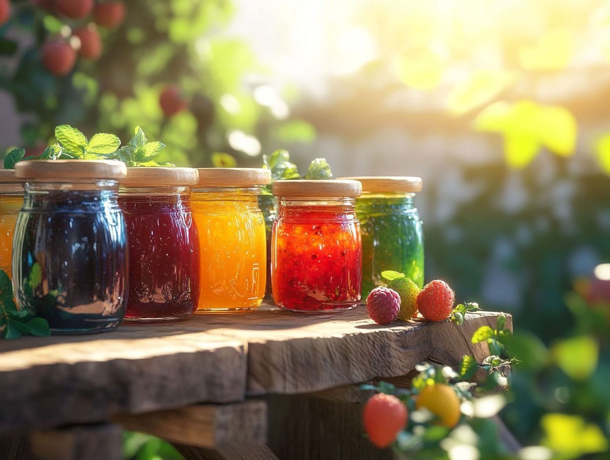 A collection of canned jams and fruits for canning.