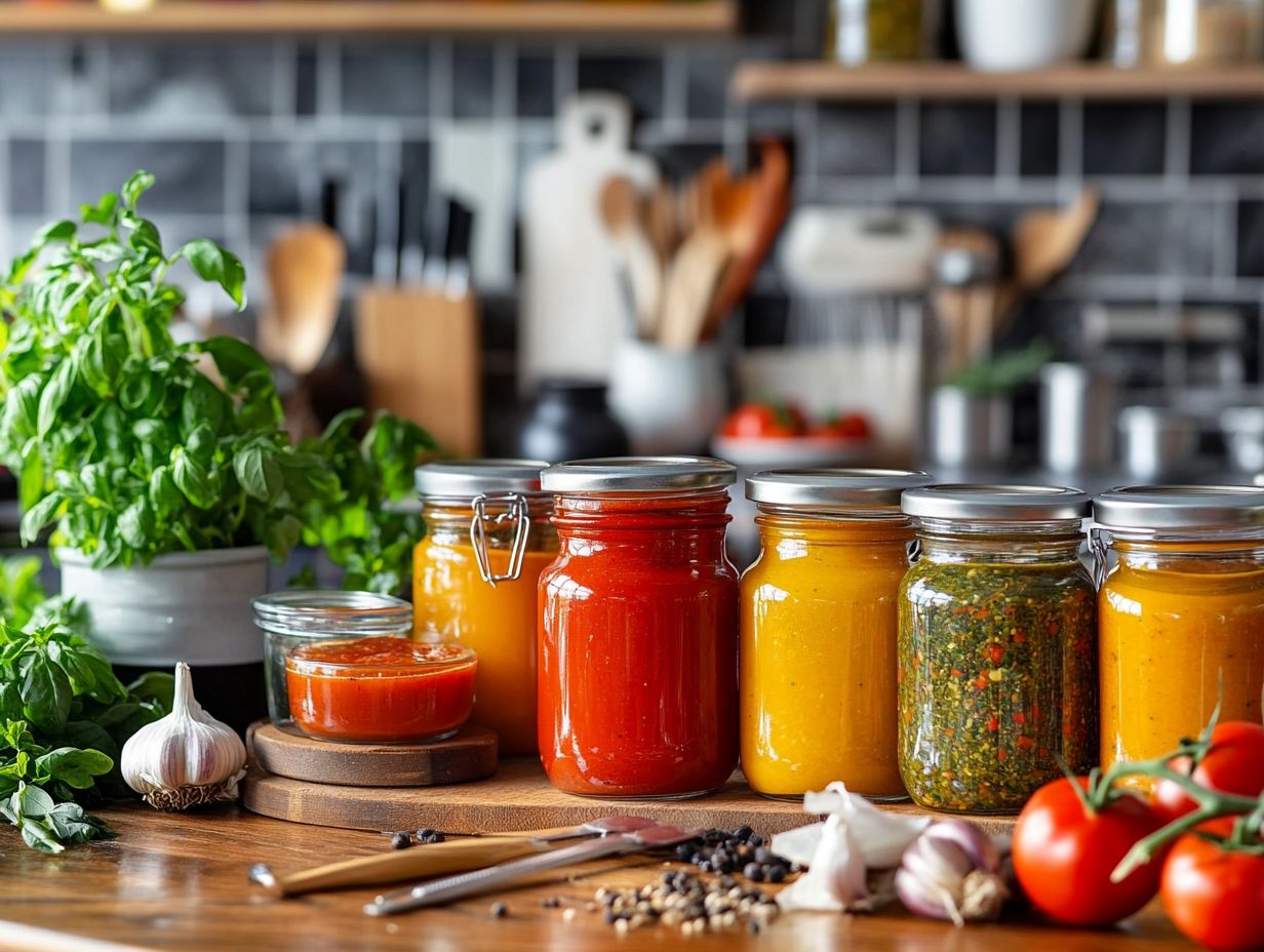 An assortment of canned sauces and soups