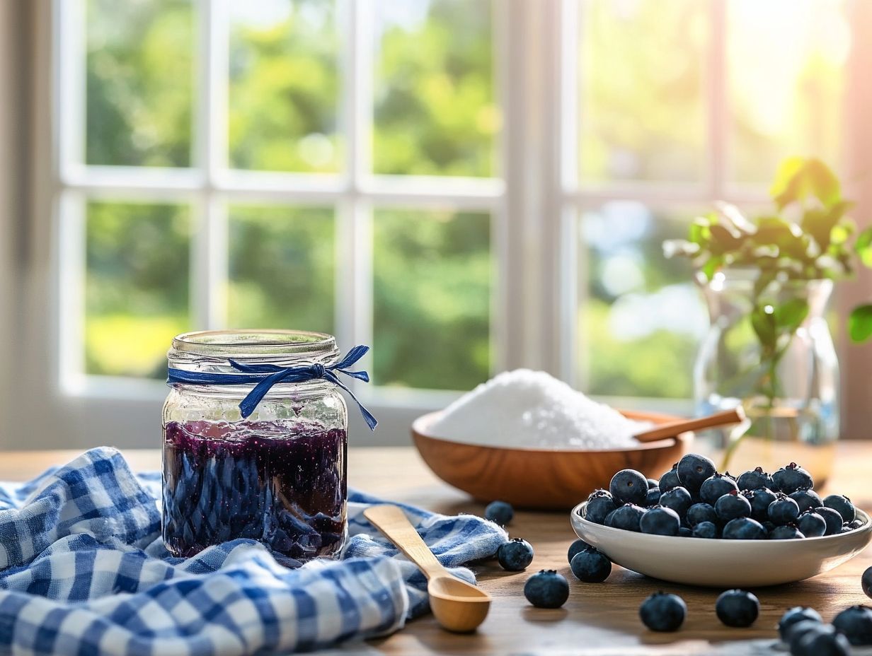 A bowl of delicious homemade blueberry jam and canning supplies