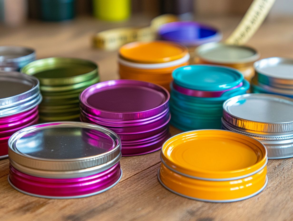 An assortment of plastic canning lids displayed on a wooden table.