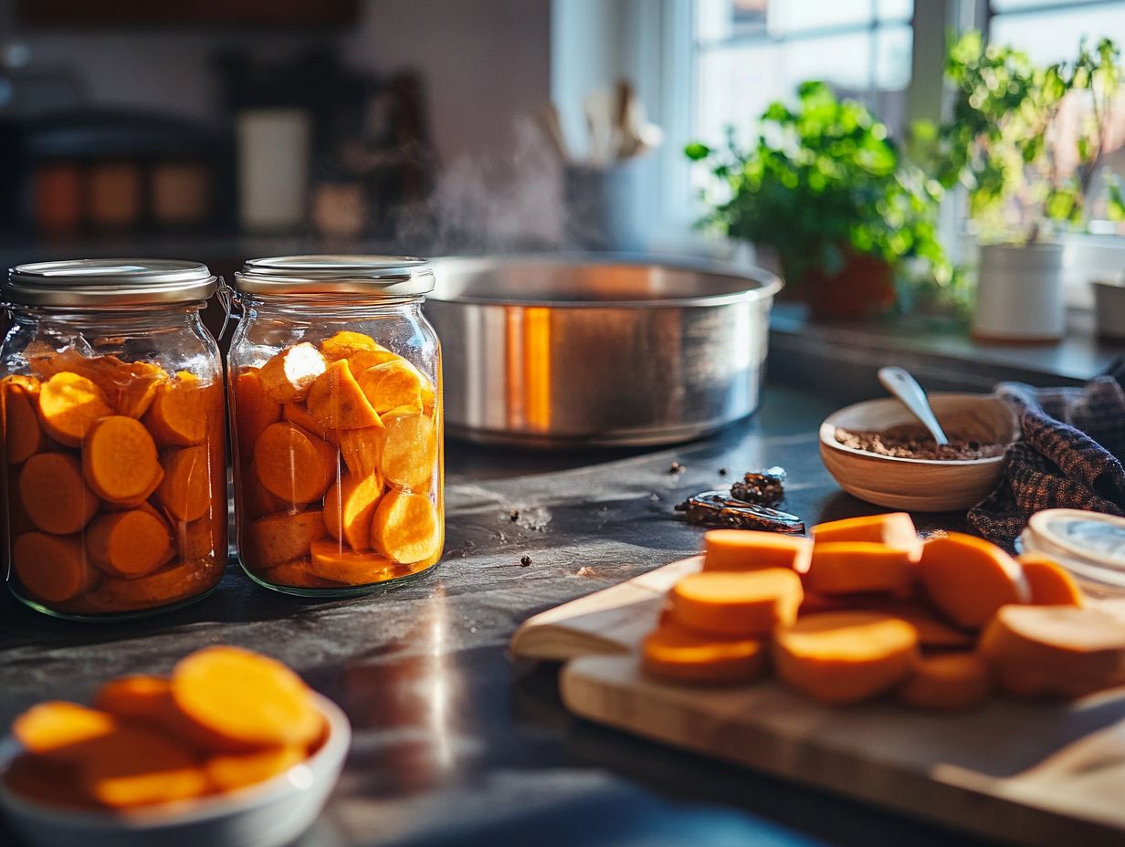 A visual guide for canning sweet potatoes, illustrating each step.