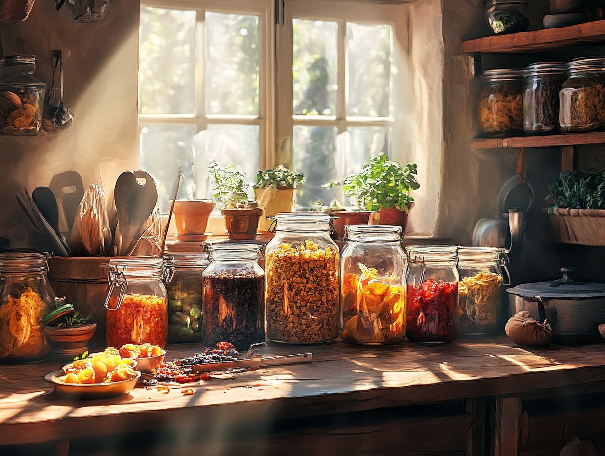 A selection of canned dried foods stored neatly on a shelf.