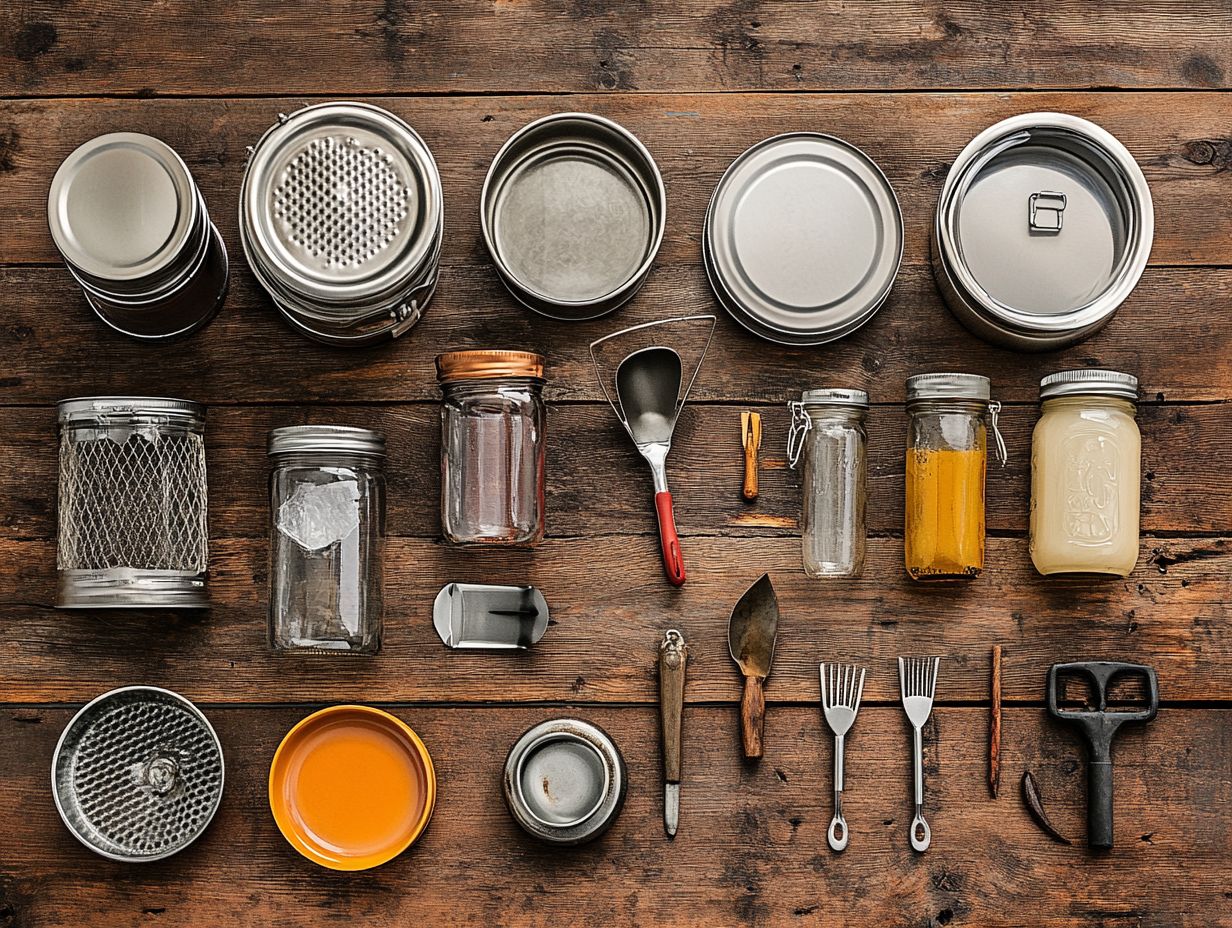 A variety of essential canning tools laid out for maintenance and care