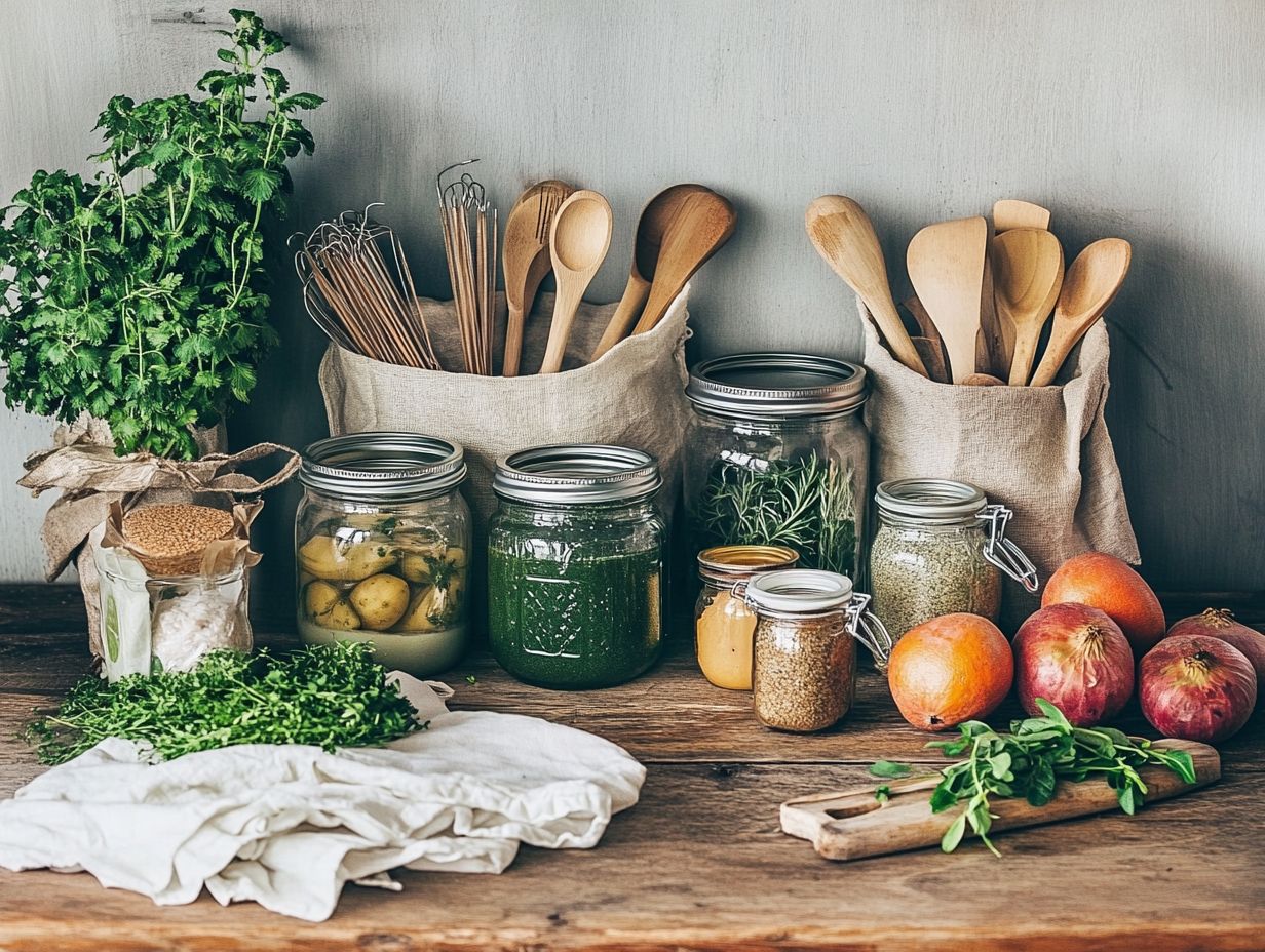 An assortment of eco-friendly canning supplies including glass jars, reusable lids, and silicone bands.