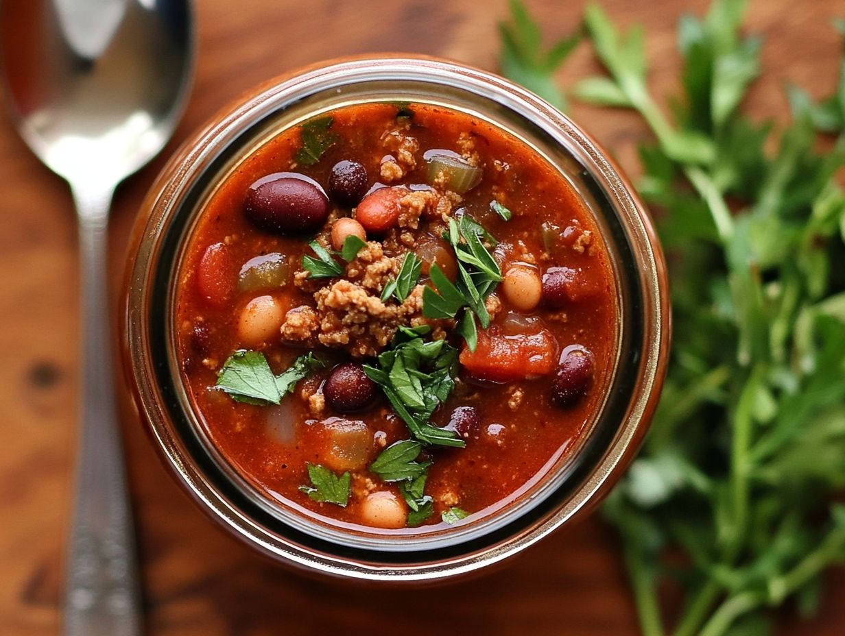 Delicious homemade canned chili with fresh ingredients