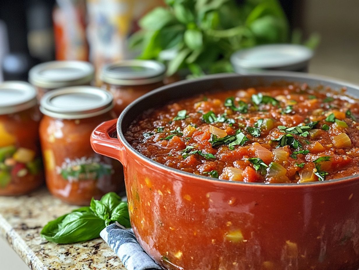 A delicious homemade canned spaghetti sauce ready for serving.