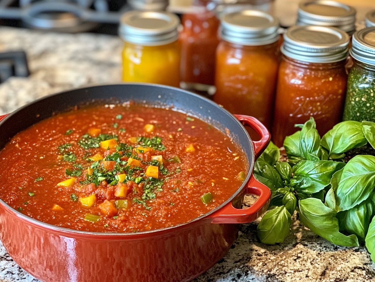 Preparation of homemade canned spaghetti sauce with fresh tomatoes.