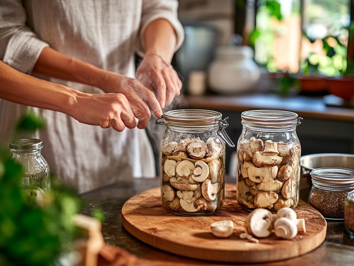 A person preparing mushrooms for canning in a kitchen