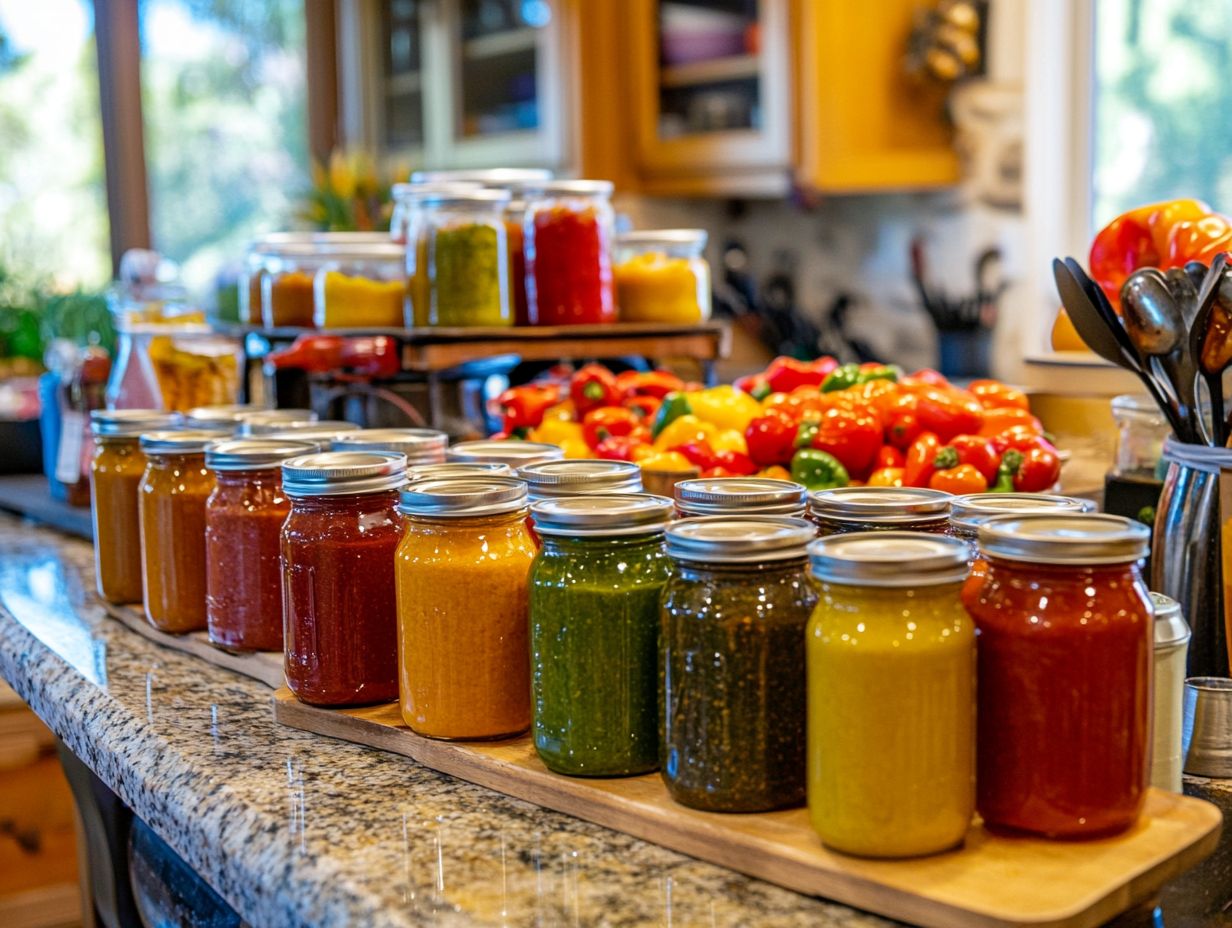 Delicious canned sauces and salsas prepared at home.