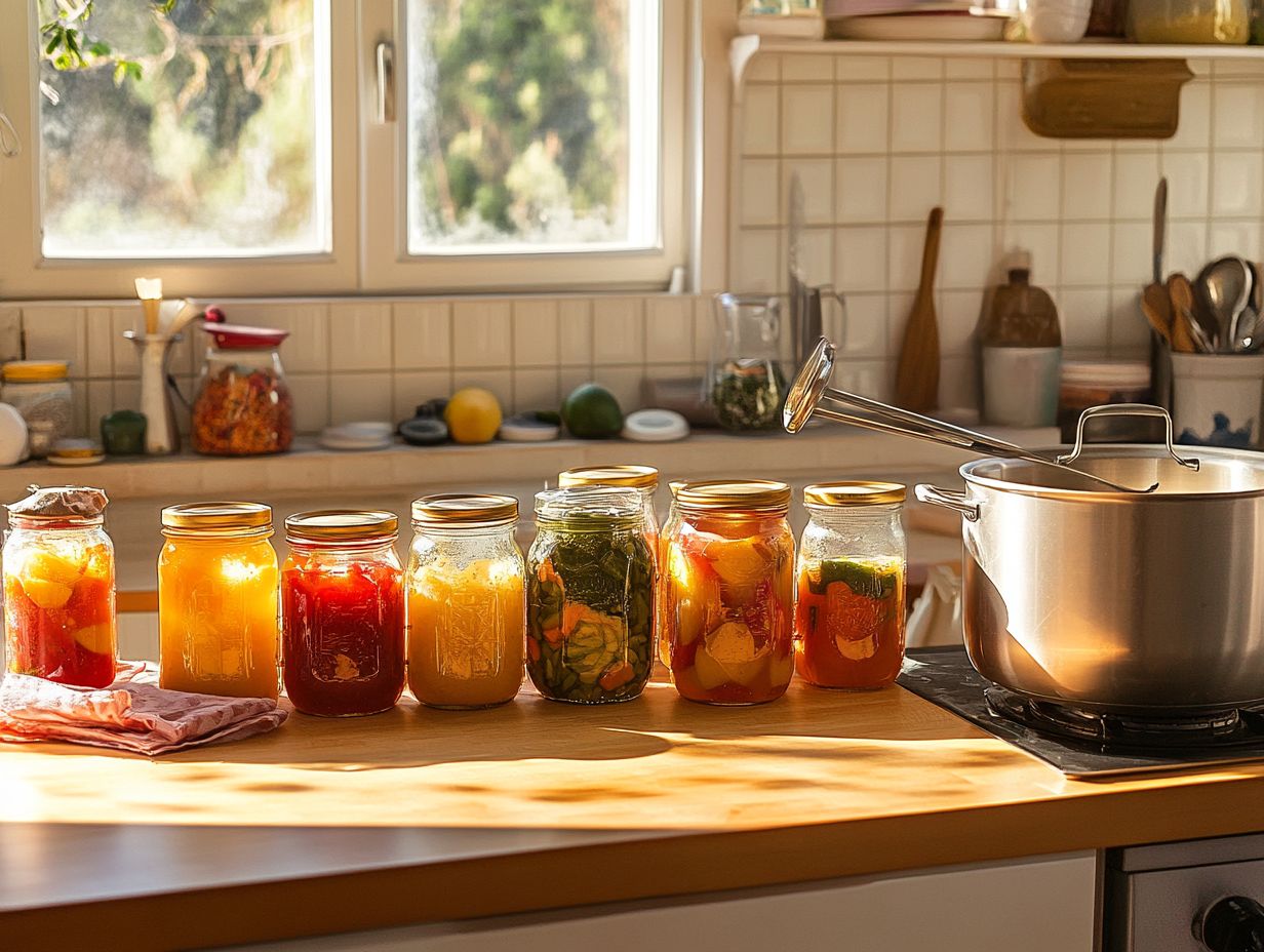 An overview of the water bath canning process with jars and boiling water.