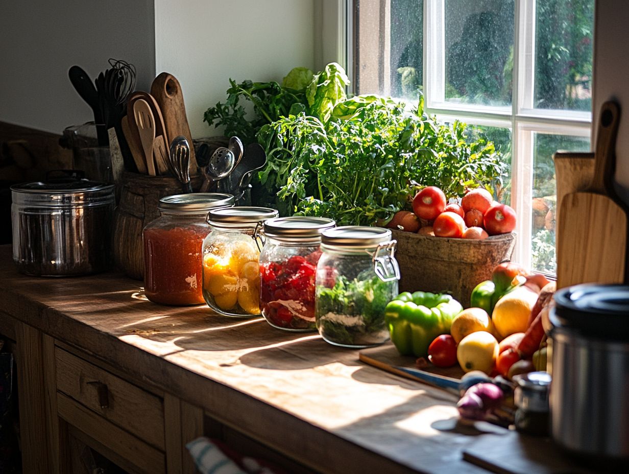 Variety of essential tools and equipment for home canning, including jars, pressure canner, and canning tools.