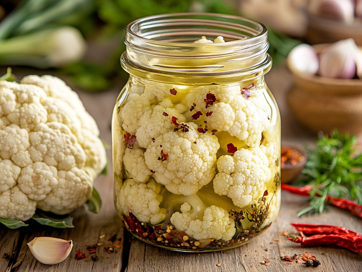 A colorful dish of spicy pickled cauliflower.