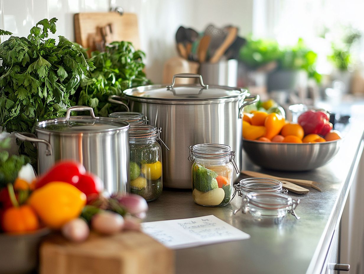 A variety of canning equipment including pressure canners and water bath canners.