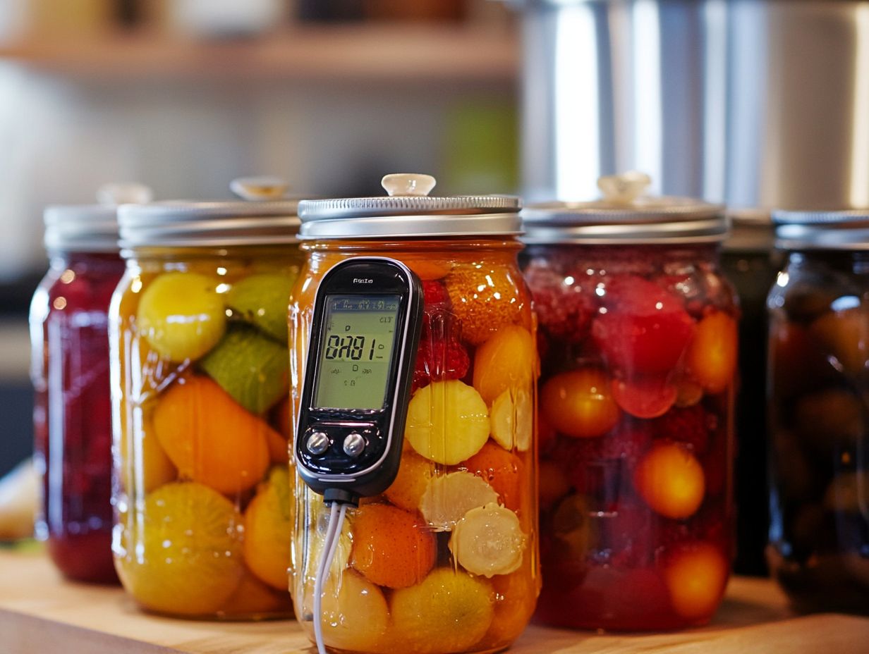 Illustration of safety precautions when using thermometers in canning