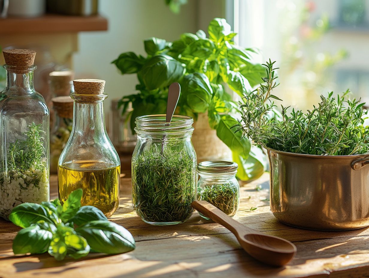 Fresh herbs prepared for canning in a rustic kitchen setting